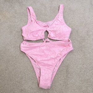 pink fuzzy bikini with floral pattern high waist bottoms